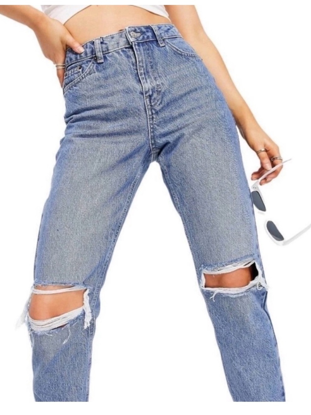 Top Shop High-Waist Distressed Women's Mom Jeans - Light Blue